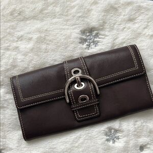 Coach Dark Brown Leather Continental Wallet with Contrast Stitching